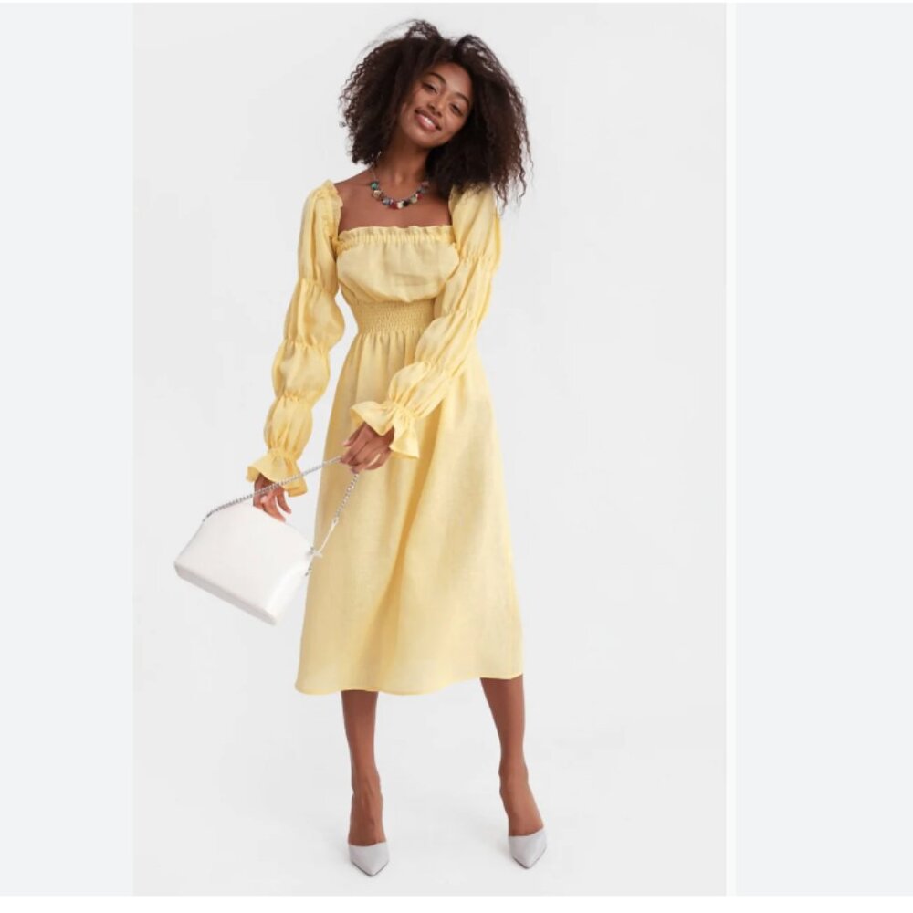 Sleeper Linen Michelin Off-Shoulder Midi Dress in Yellow - Size L
